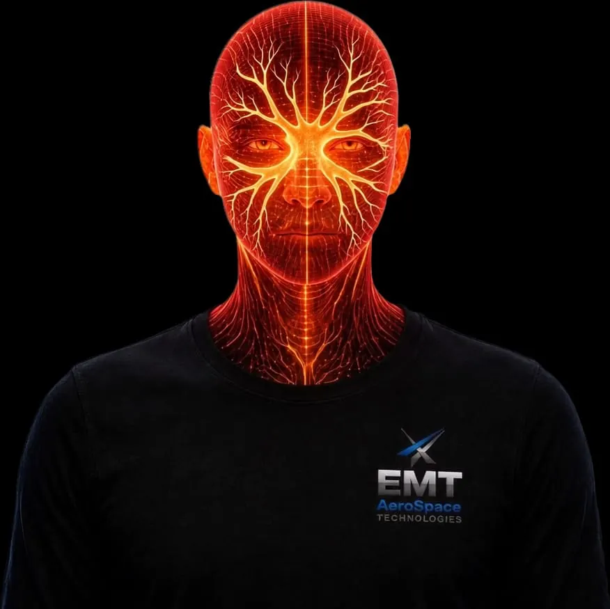 Illustrated portrait of ANTARES: a glowing orange mesh face on a black background.