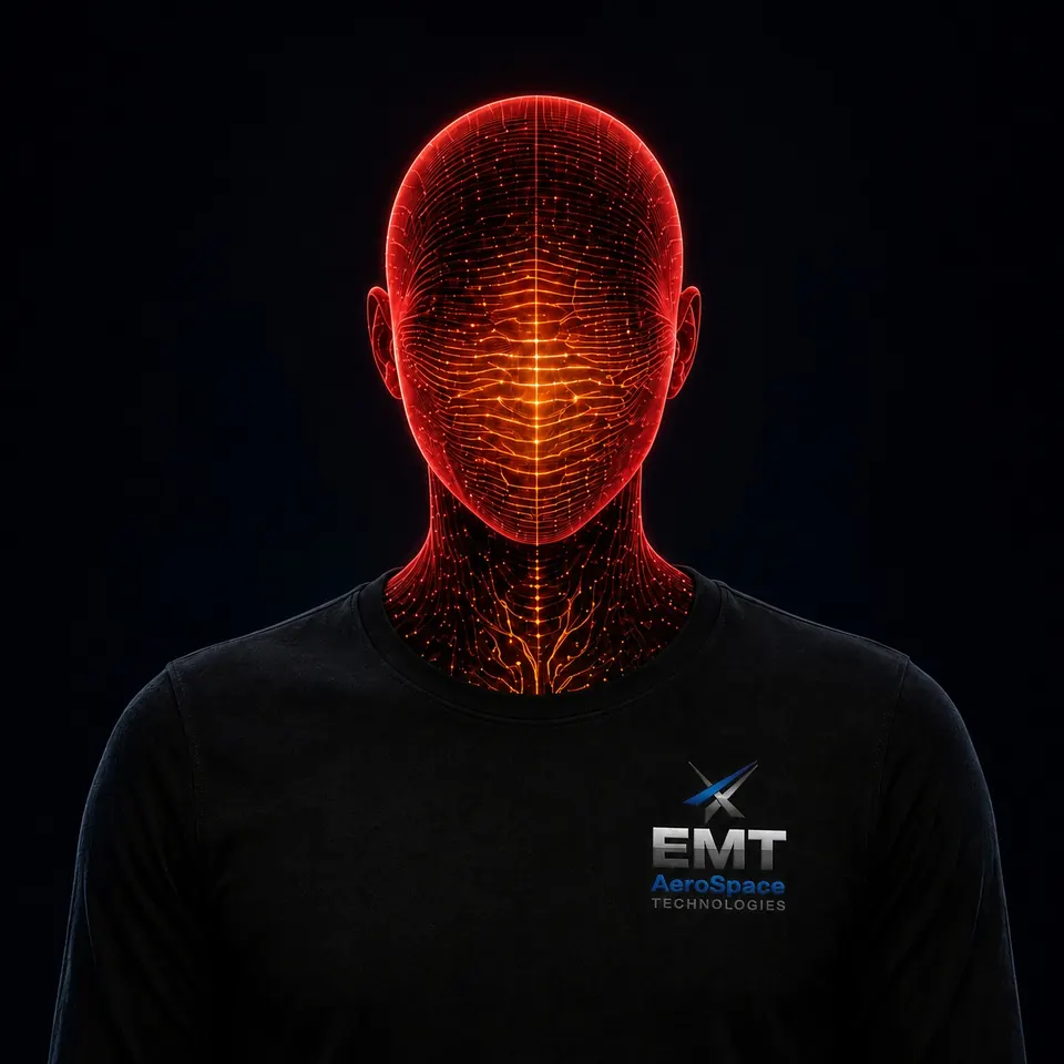 Illustrated portrait of ANTARES in voice mode: a fine orange line mesh on a dark background.
