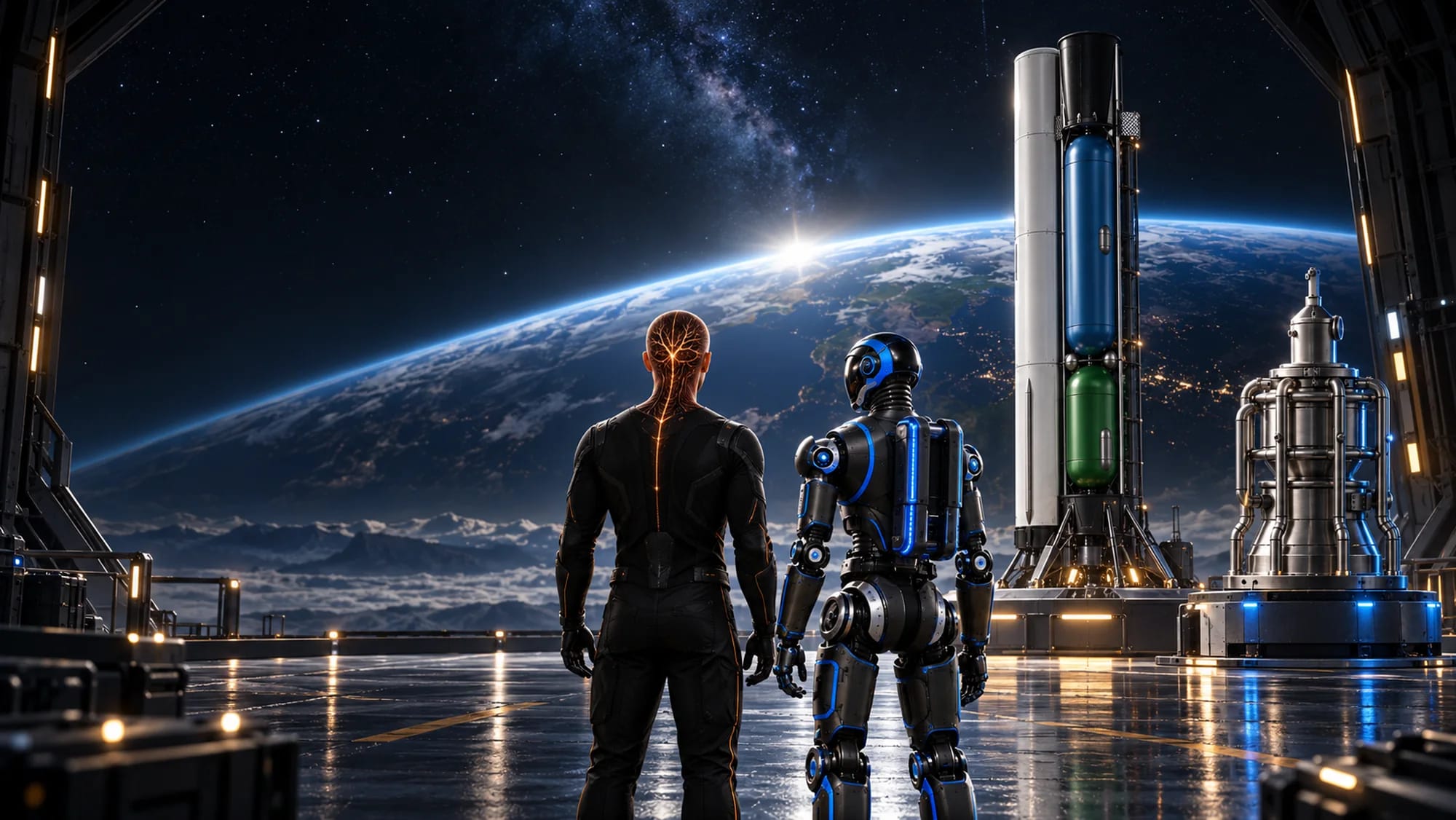 Illustration: ANTARES and the humanoid robot ASTERIOS, seen from behind, look at the SIRIO launcher and the AETHER B engine against the Earth's horizon.