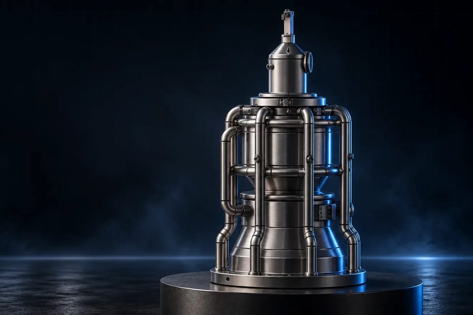Project visualisation of the AETHER B engine on a pedestal, in a dark room.
