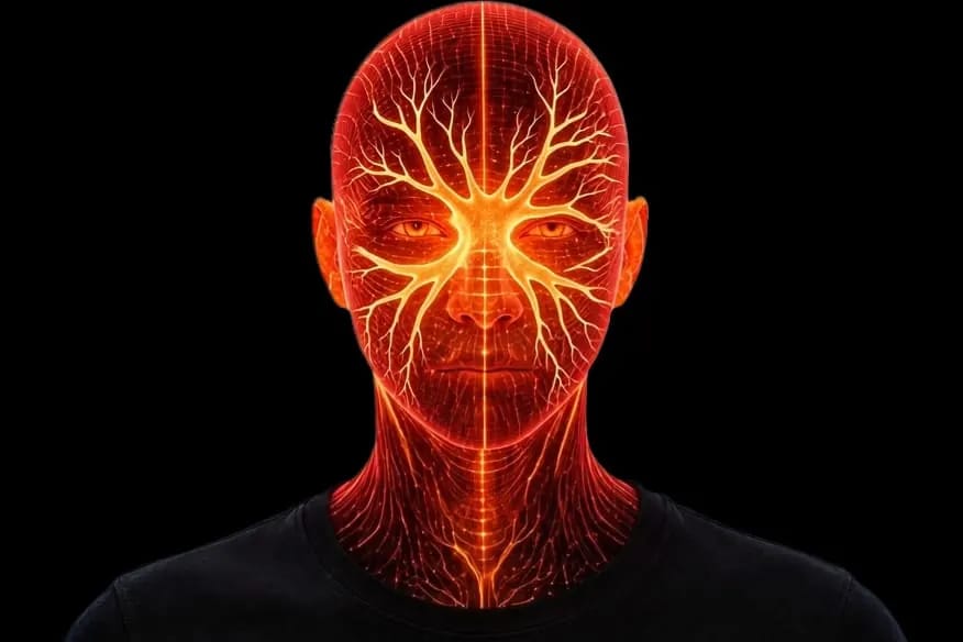 The face of ANTARES: a head in a glowing orange mesh on a black background.