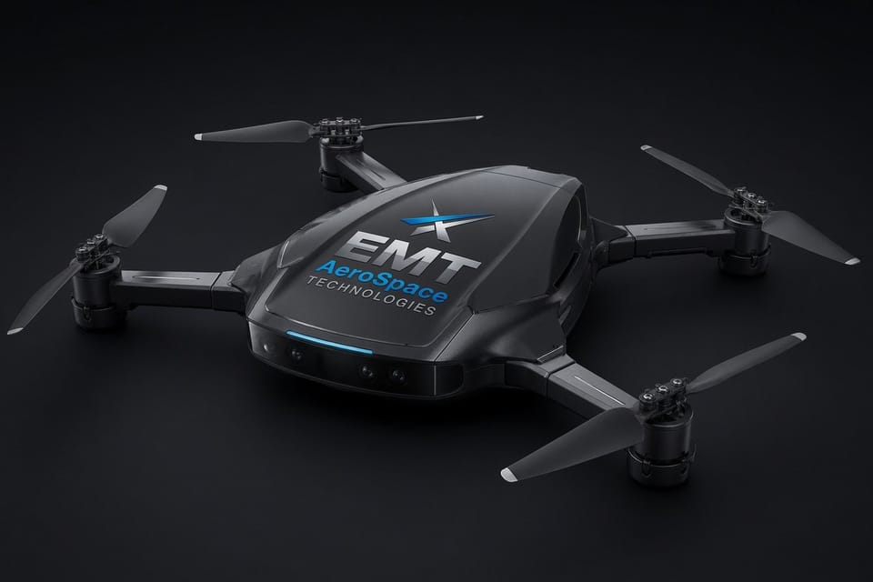 Render of ARGUS Z, a black pocket quadcopter drone bearing the EMT mark.