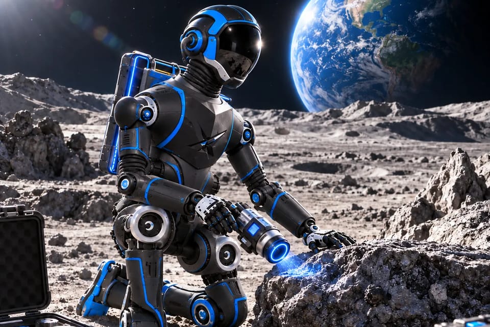 Illustration: the humanoid robot ASTERIOS, kneeling on lunar ground, examines a rock; in the background, the Earth.