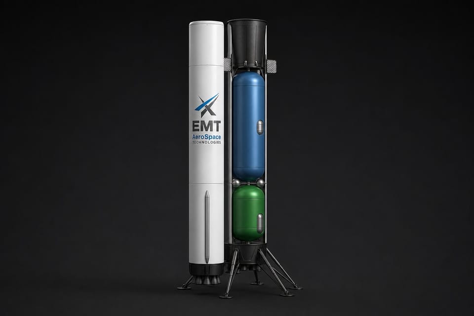 Render of the SIRIO launcher standing on its landing legs, bearing the EMT mark.